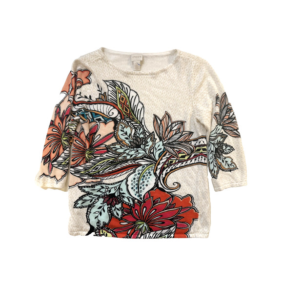 Chico's Sweater Womens Small 0 White Multicolor Floral Paisley Pullover Crewneck - Picture 1 of 6